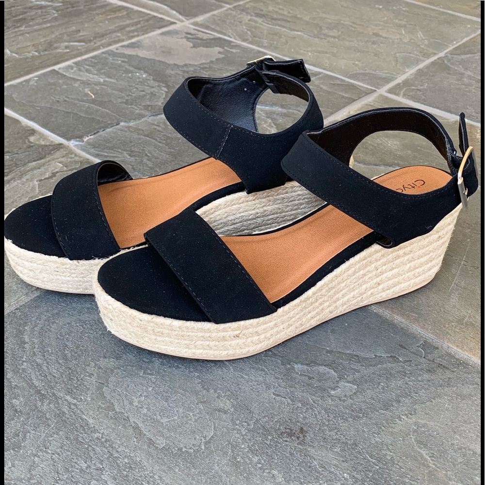 Black Open Toe Ankle Strap Espadrille Wedge